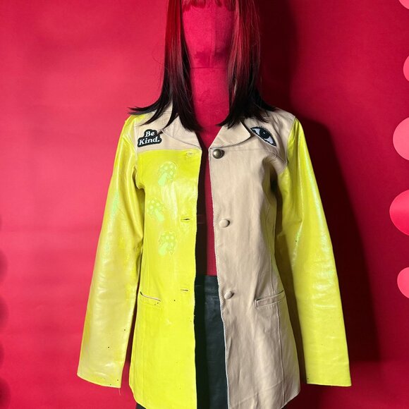 Hand-Painted Upcycled Leather Blazer | Neon Yellow + Cream | Unique Artsy Street - Picture 3 of 12
